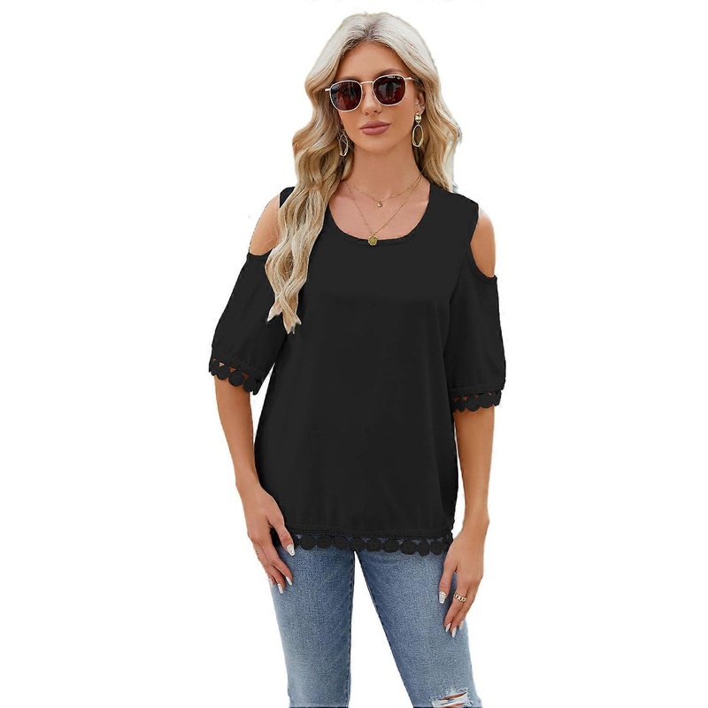 Women's Off Shoulder Floral Border Tops Round-Neck Loose Casual T-Shirts Short Sleeve Tees Black