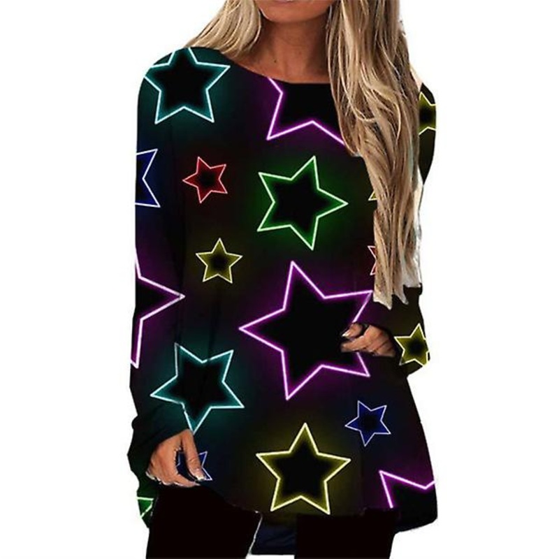 Women's Loose Black Urban Casual T-shirt Romantic Starry Round Neck Long Sleeve Print Top