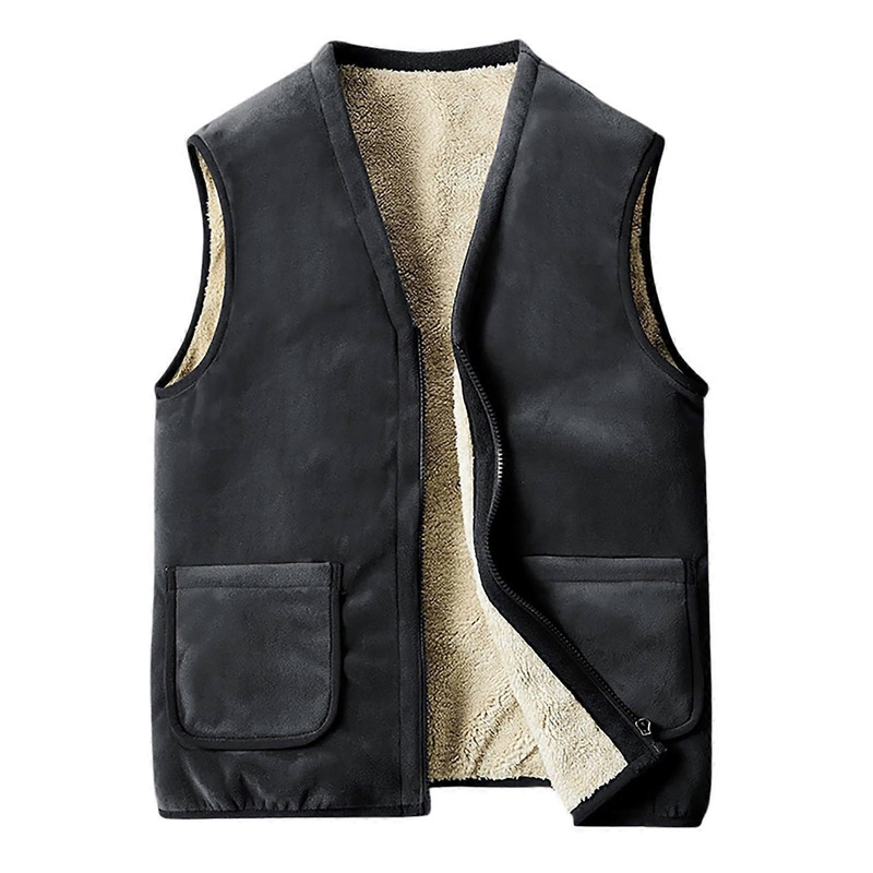 Wool Vest Men's Fleece Vest Autumn Winter Outdoor Sleeveless VNeck Thermal Thick Teddy Fleece Gray Large