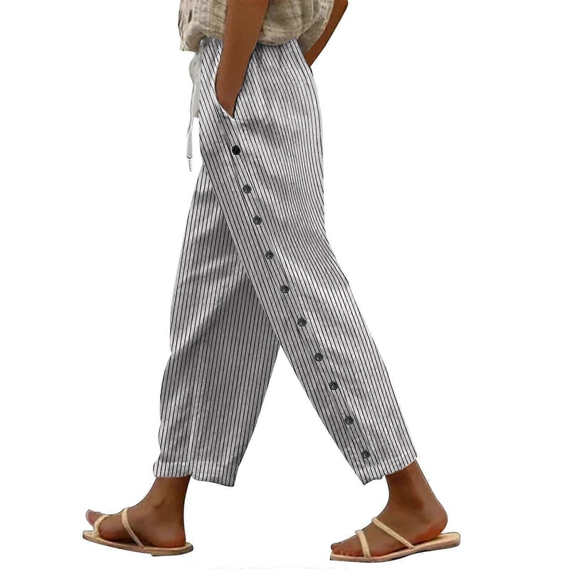Women's Striped Linen Trousers with Pockets High Waist Palazzo Pants Lightweight Casual Jogging Bottoms Size S