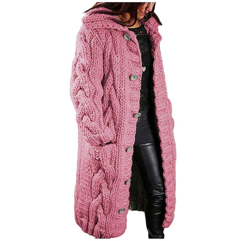 Cardigan For Women Long Chunky Knit Hooded Coat Winter Jacket Watermelon Red 3XL