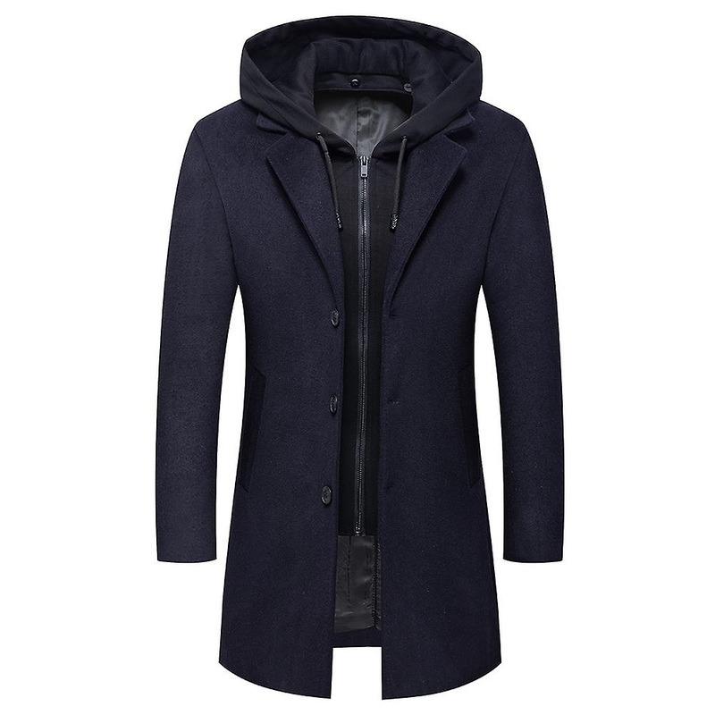 Cloudstyle Men's Wool Warm Hooded Solid Color Mid Length Coat