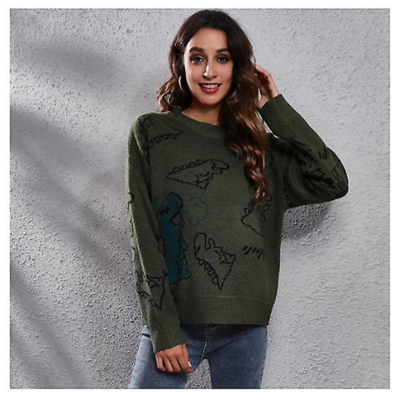Women's Long-sleeved 2022 Autumn And Winter High Quality Cute Dinosaur Cartoon Jacquard Sweater Women's Fashion Casual Loose Knitted Sweater