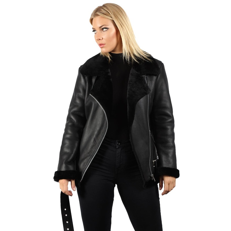 Women's Black Sheepskin Leather Biker Jacket