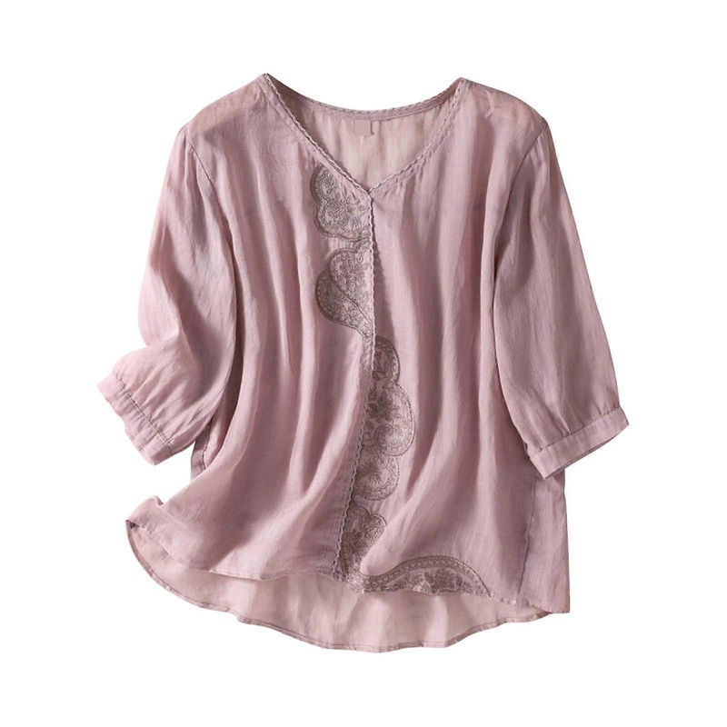 Women Shirt Cotton Linen Blend Embroidered Boho 3/4 Sleeve Tunic Top Rose Color Size L