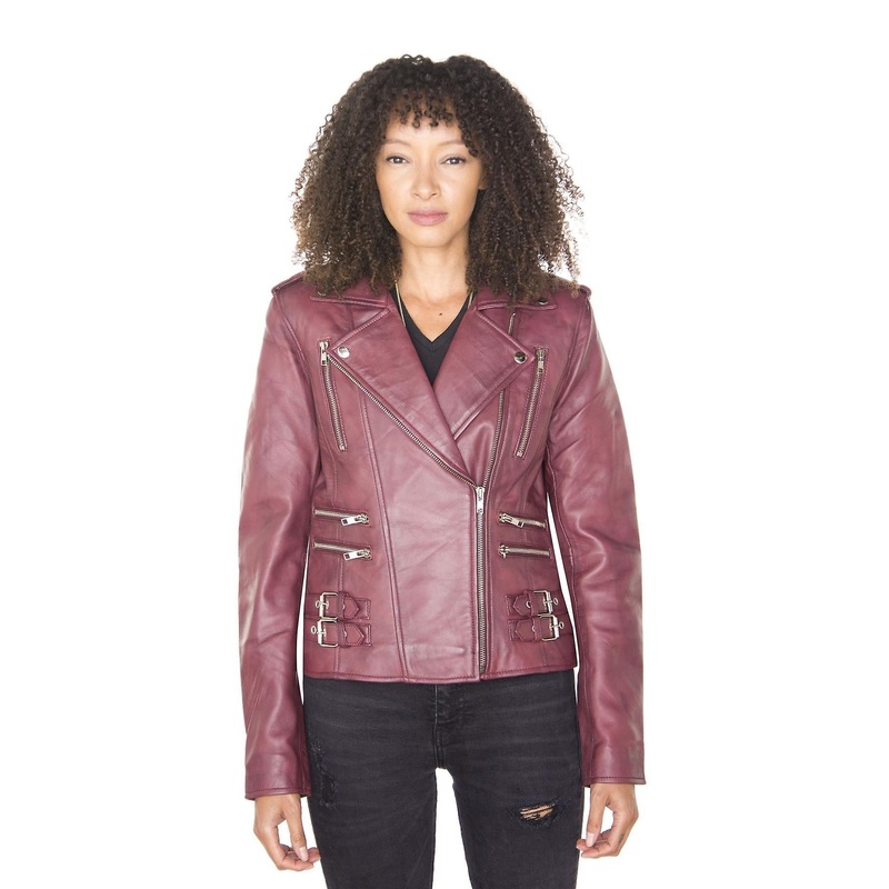 Womens Burgundy Classic Leather Vintage Brando Biker Jacket