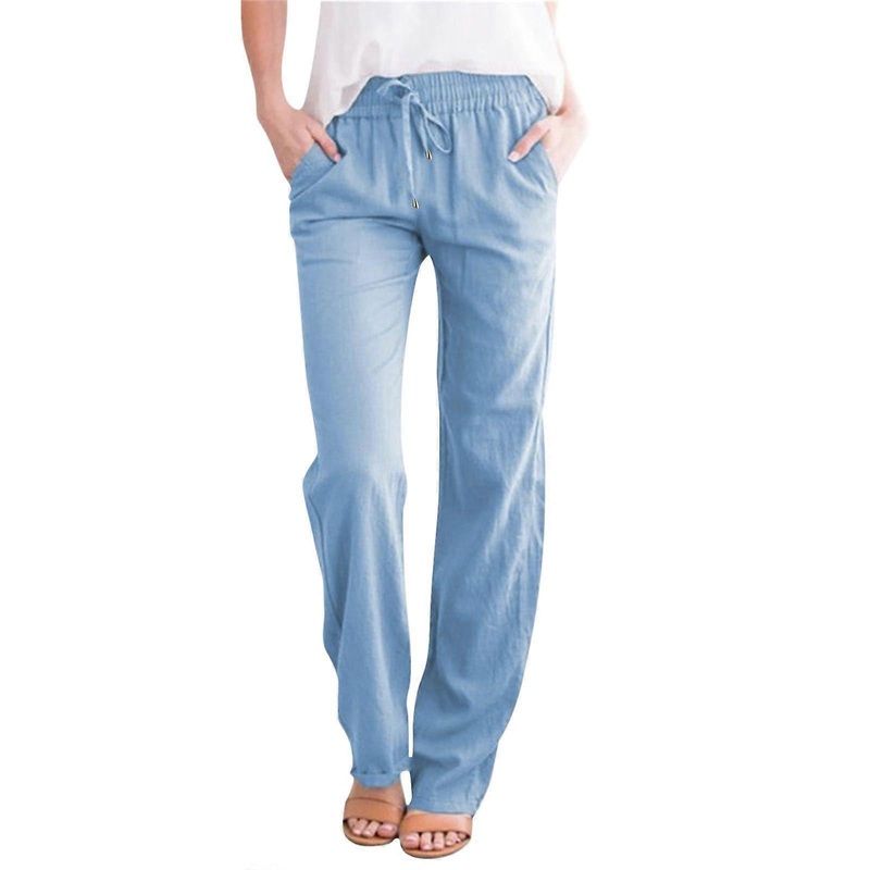 Hose Women Cotton Linen Summer Pants High Waist Wide Leg Capri Harem Casual Lightweight Light Blue Size L