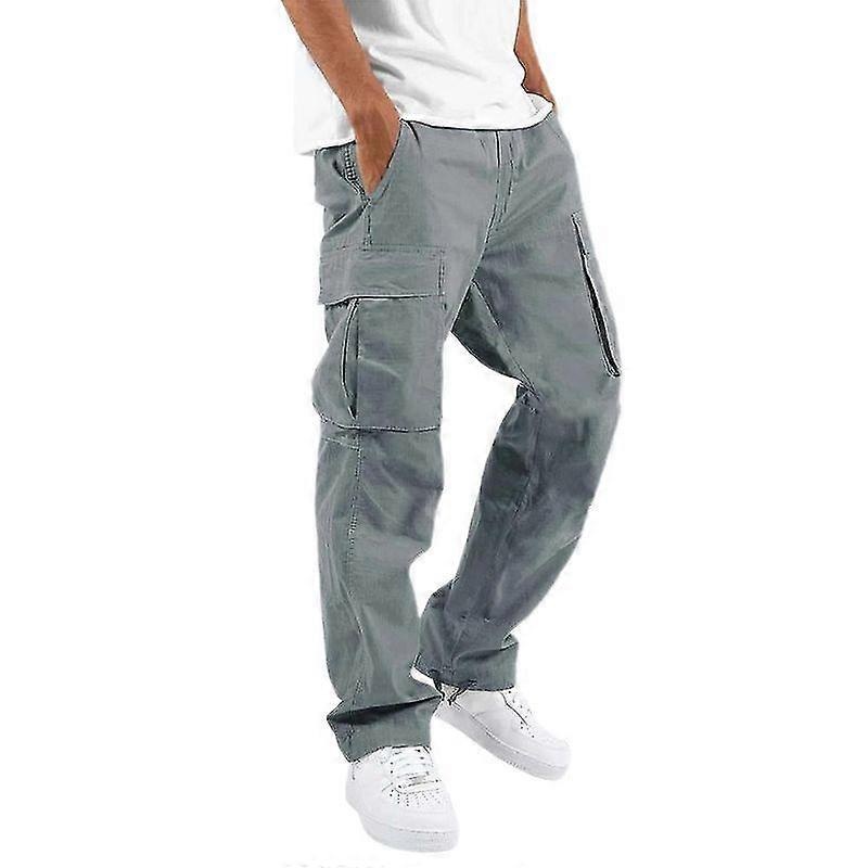 Lebanghui Men Solid Multi Pockets Combat Cargo Pants Casual Baggy Work Straight Trousers