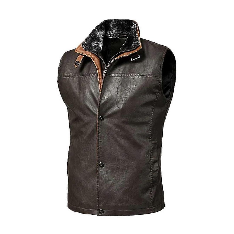 Mens Leather Sleeveless Vest Vintage Motorcycle Biker Casual Work Vest Coffee Size Small