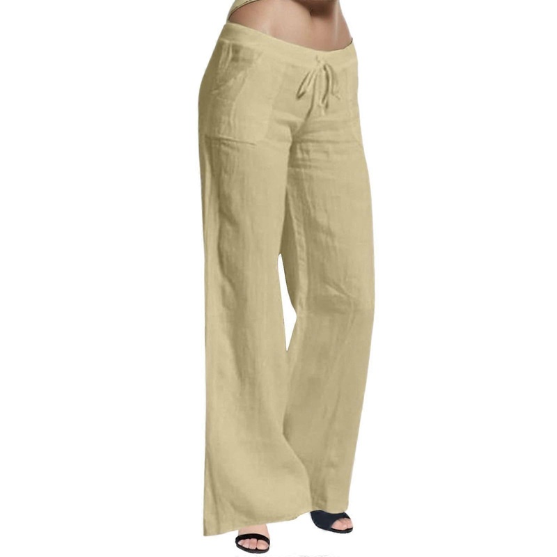 Casual High-Waisted Beige Trousers for Women, XL, Elastic Cuffs, Drawstring Waist, Wide-Leg Design, Solid Color