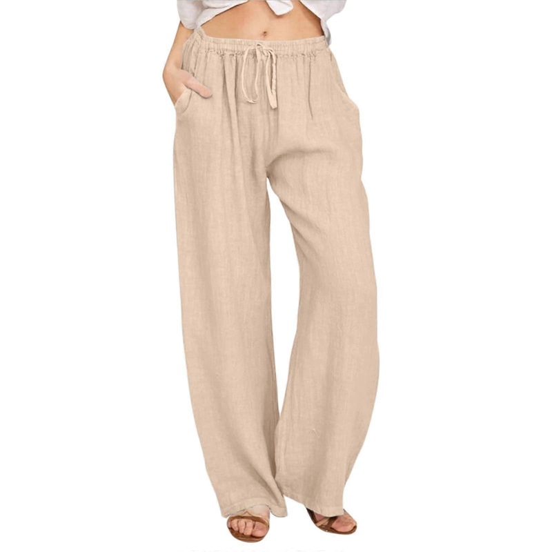 Linen Trousers Women's Summer Lightweight Cotton Muslin Trousers Loose Fit with Drawstring Pockets Khaki M