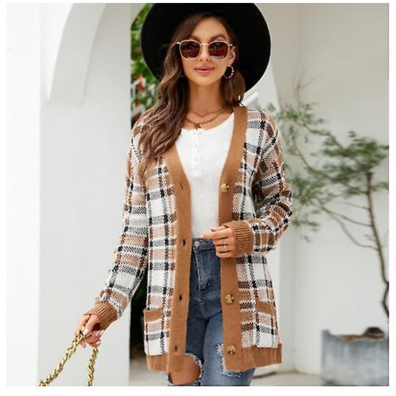2023 Autumn And Winter New Arrival Women's Clothing Fashion Rhombus Loose Knitted Cardigan Women's New Arrival Jacquard Jacket Mid-length Top