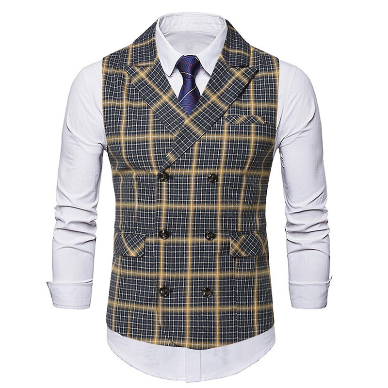 Cloudstyle Men's Plaid Double Breasted Slim Fit Waistcoat With Pockets