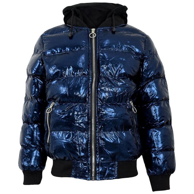Unisex Blue Padded Jacket Metallic Wet Look Bubble Coat