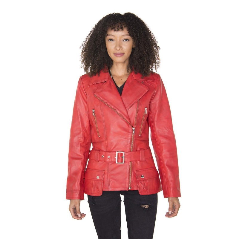Womens Red Long Classic Leather Biker Jacket