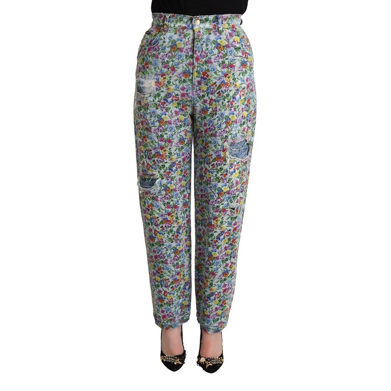 Blue Floral Print High Waist Denim Tapered Jeans