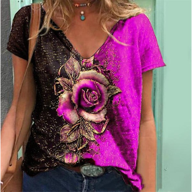 2022 Summer Women's Short-sleeved  Hot Selling Brand New V-neck 3d Rose  Loose Large Size T-shirt Top