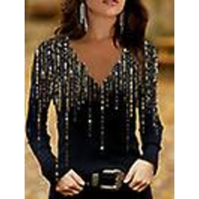 Womens Print V Neck Casual Loose T Shirt Ladies Long Sleeve Blouse Pullover Tops
