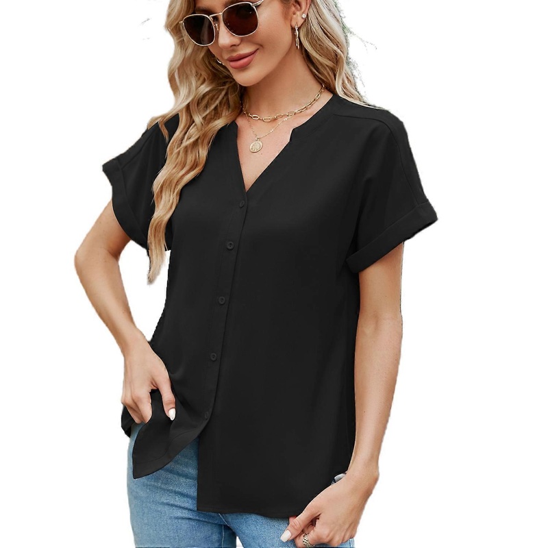 Women Blouse Loose Shirt Button Short Sleeve Streetwear V Neck Tops Solid Black