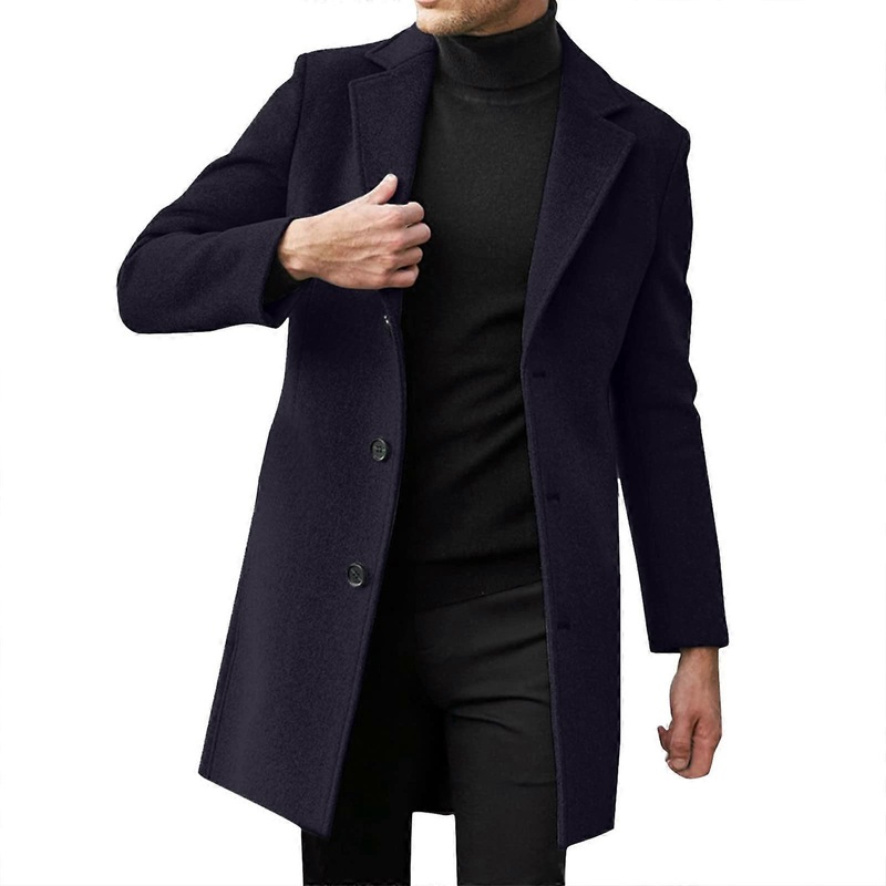 Wool Jacket Men's Navy Winter Coat Business Casual Windbreaker Single Breasted Mid Length Pea Coat Size XL Wool Blend