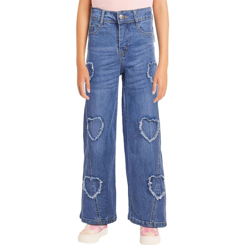 Kids Girls High Waist Wide Leg Denim Palazzo Jeans Distressed Heart Trousers