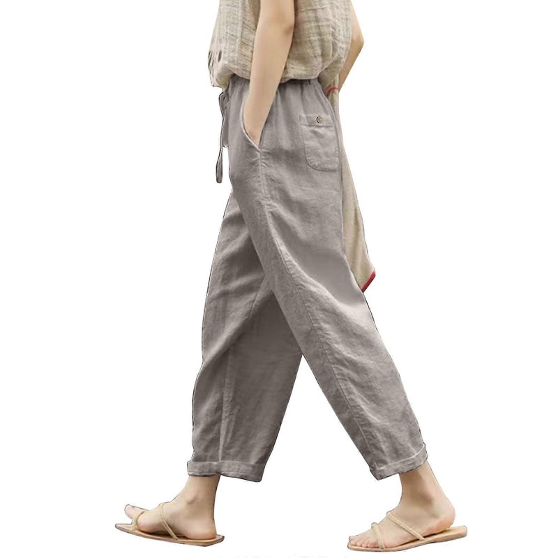 Women's Solid Lace-Up Trousers, Casual Gray Wide Leg Trousers with Elastic Waist and Pocket, Hiking Trousers Size 6/XXXXL