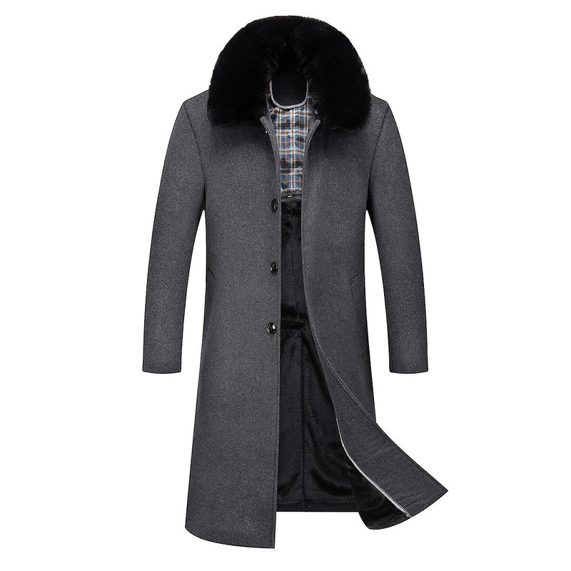 Sliktaa Mens Wool Blend Thick Four Button Slim Fit Detachable Fur Collar Coat