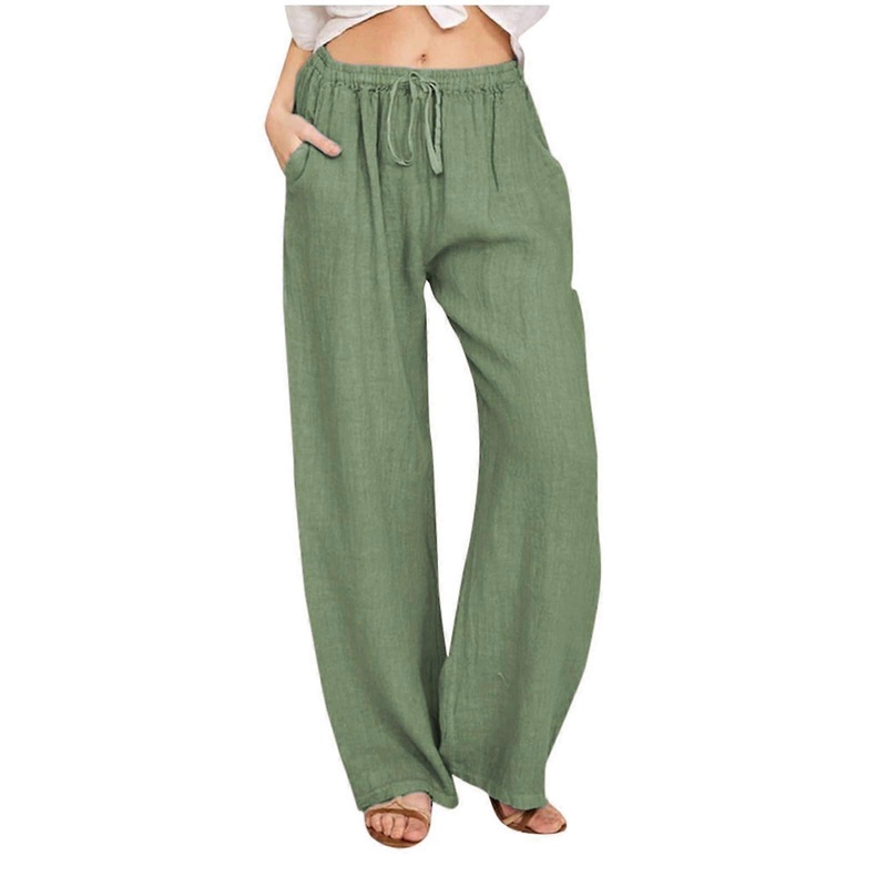 2026  Wide Trousers Waist Long Drawstring Casual Linen Elastic Women Leg Solid Cotton Trousers Trousers Women's Pro Green XL