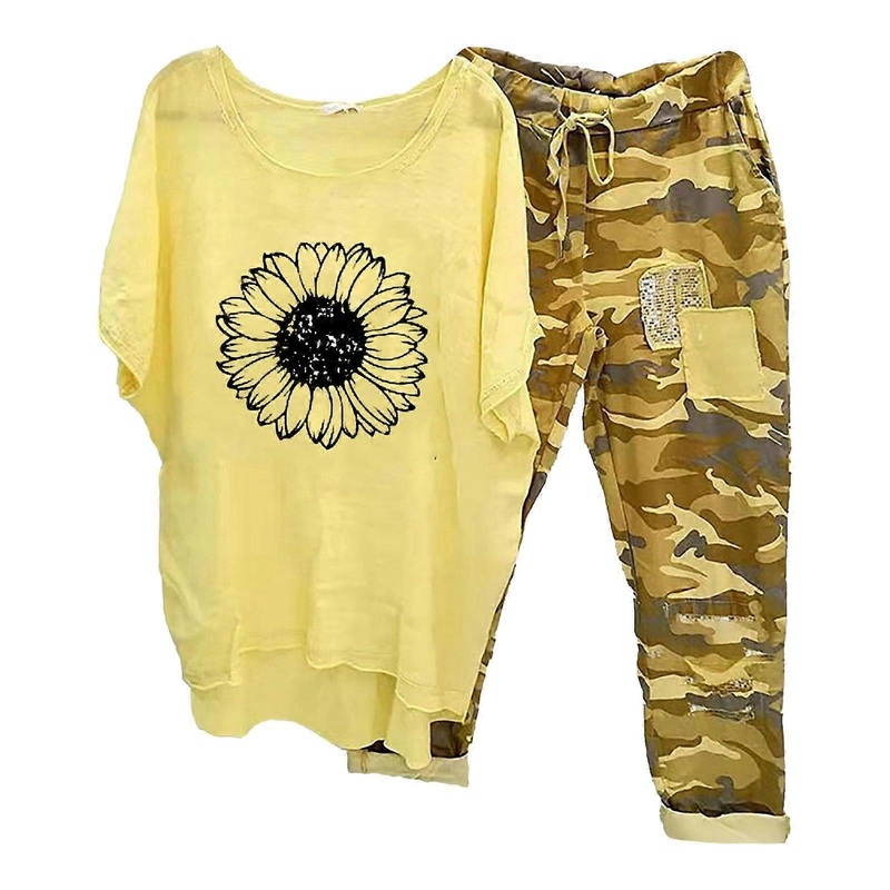 Women's Two-Piece Elegant Muslin Lounge Set, Short Sleeve T-Shirt and Long Trousers, Loose Fit Sweatsuit, Crew Neck