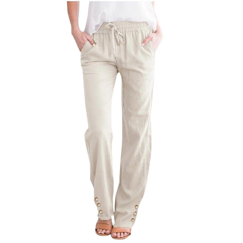 Pants Women's Cotton Linen Summer Pants Lightweight Casual Wide Leg High Waist Capri With Pockets Beige XXL