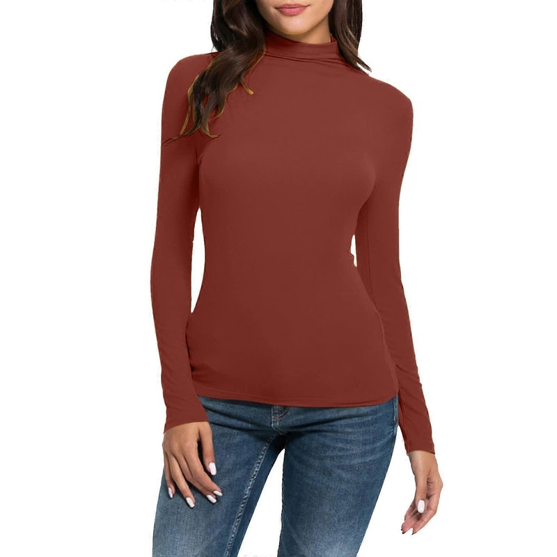 2025 Women's Long Sleeve Mock Turtleneck Blouse Tops Slim Fit Stretchy Cat Motif Red Size L