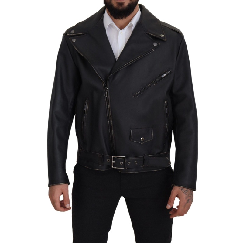 Black Leather Biker Coat Zipper Jacket