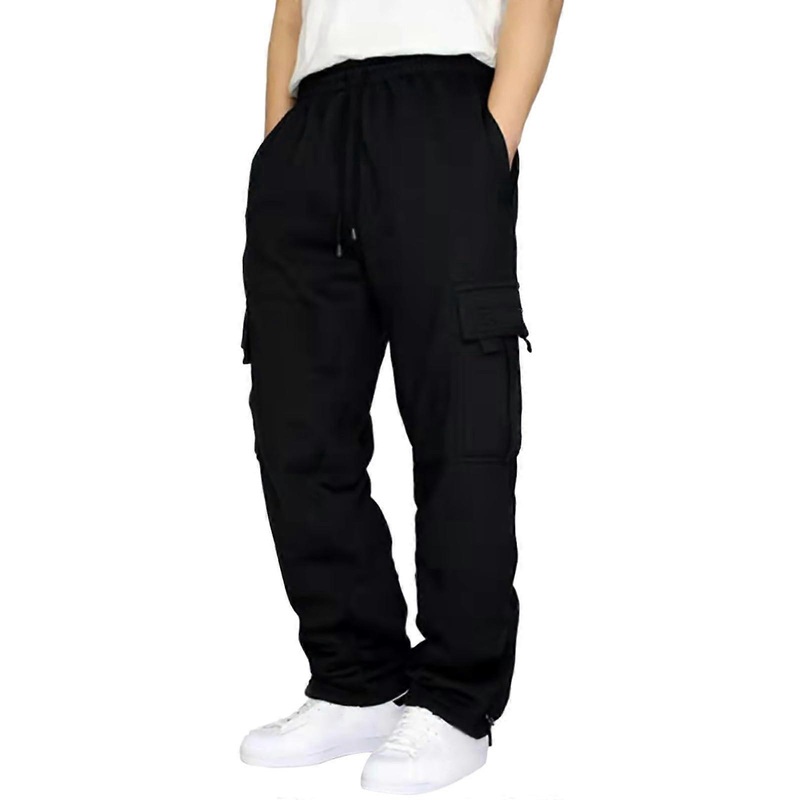 Men's Cotton Workout Trousers with Drawstring and Side Pockets, Casual Outdoor Hiking Pants for Fall Winter, Black