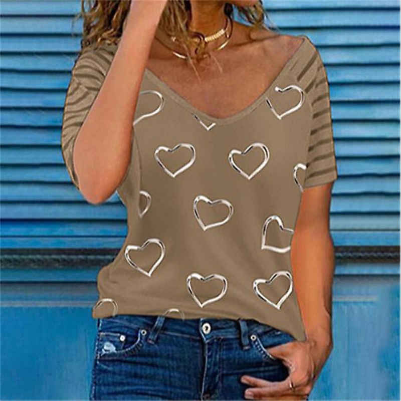 2022 Summer Fashion Luxury Trend High Quality New Women's Loose V Neck Heart Print Short Sleeve T-shirt
