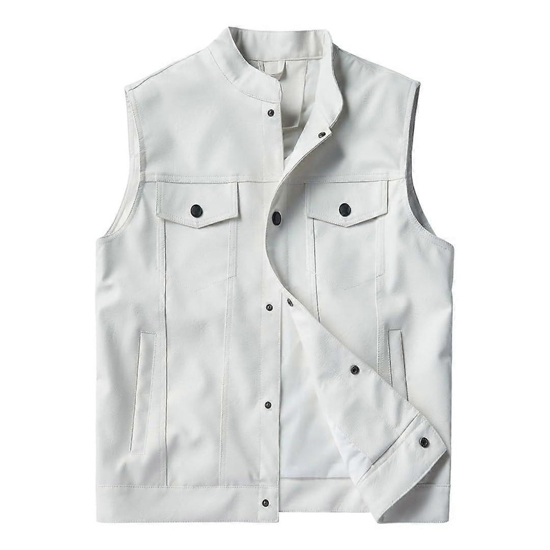 Men's Classic Leather Vest MultiPocket Solid Color Sleeveless  Jacket Riding Biker Vest White M, White