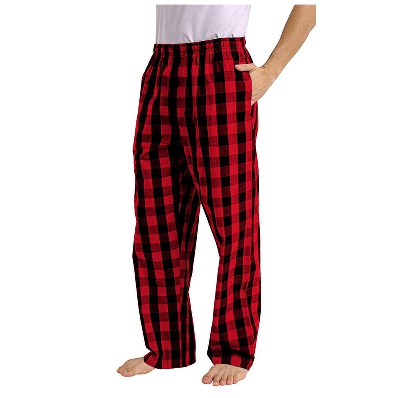 Checked Pyjama Bottoms for Men, Soft Flannel Trousers with Pockets, Button Placket, Cotton Winter Sleepwear, Size L Red
