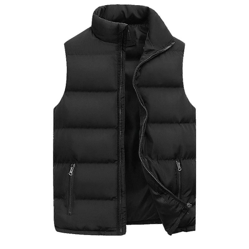Men's Quilted Vest with Stand-Up Collar XXL Black Winter Jacket Thick Water-Repellent Sleeveless Outdoor Apparel
