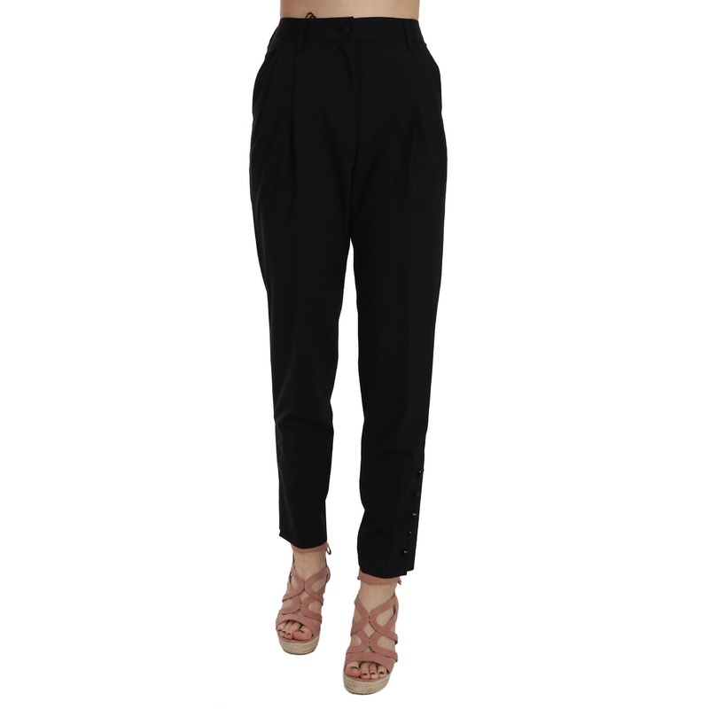 Black Button Pleated Tapered Trouser Pants