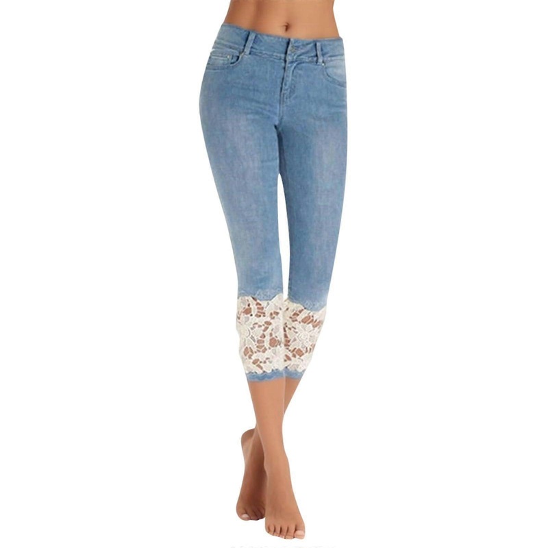 Women's Jeans 3/4 Yoga Pants Lace Sports Trousers Blue M Stretch Skinny Fit Denim Shorts for Gym and Beach Training