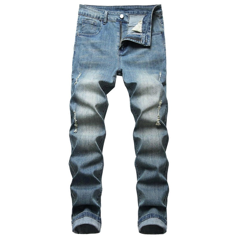 Destroyed Denim Jeans for Men Slim Fit Stretch Designer Vintage Light Blue Size L