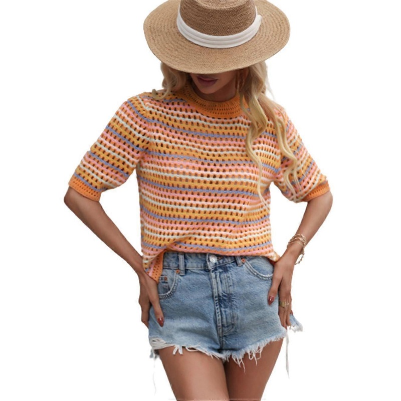 Women's Sweater Pullover Knitted Rainbow Striped Soft Half Sleeve Regular Fit Sweater Cardigans Crew Neck