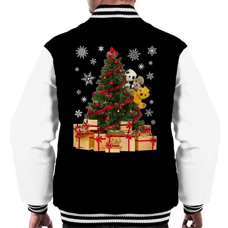 Sooty Christmas Characters Peeking Around Xmas Tree Men's Varsity Jacket