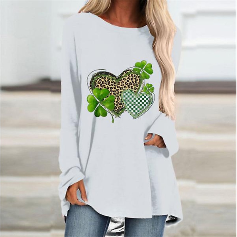 2022 High Quality Women's Long Sleeve Lucky Clover 3d Printed Loose Round Neck Ins Ladies T-shirt Top