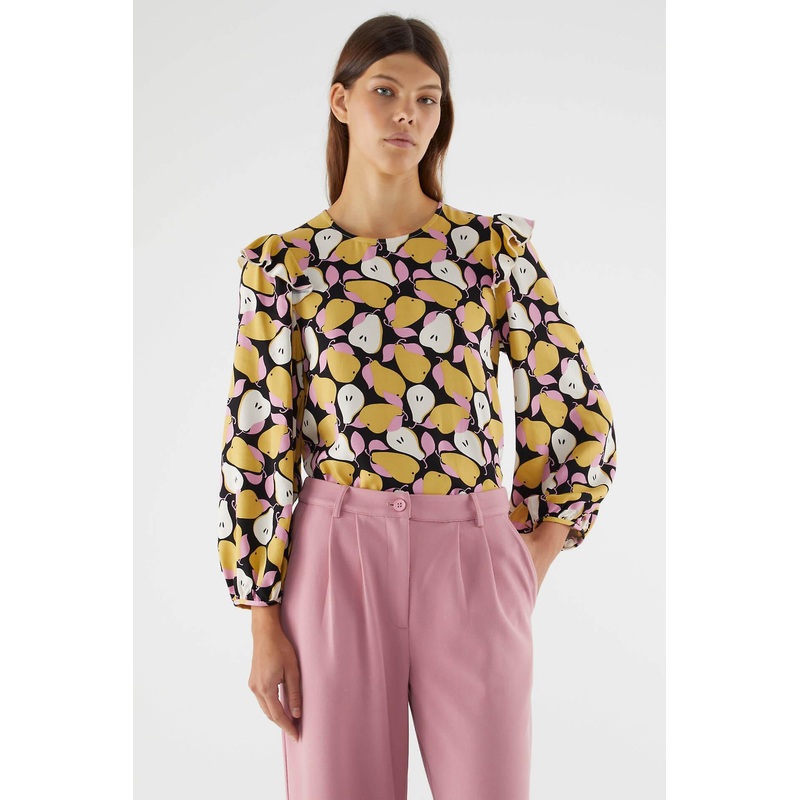 Compania Fantastica Long-sleeved top with ruffles and pear print