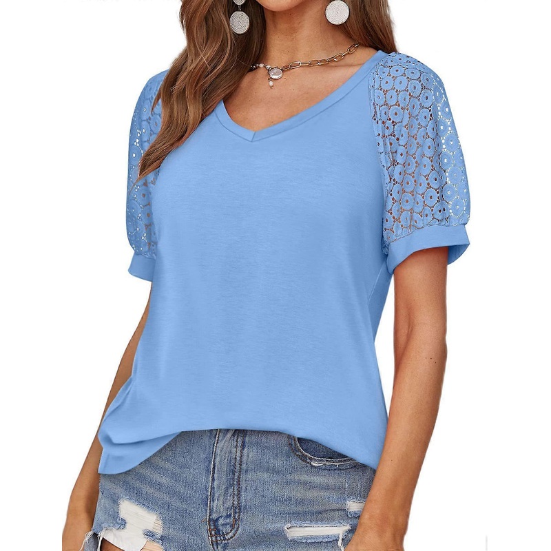 Women's T-Shirts Summer Short Sleeve V Neck Tee Loose Casual Lace Knit Tops Blue