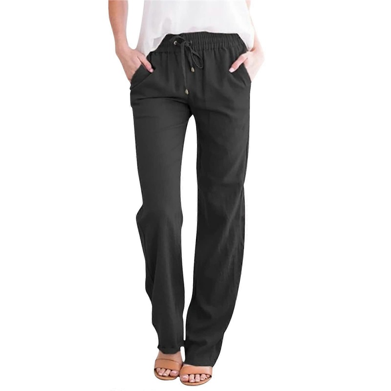 Damen  Waist Summer Pants Lightweight, Loose Casual Black Wide Lounge Pants Large Size with Pockets A01 Black XXL