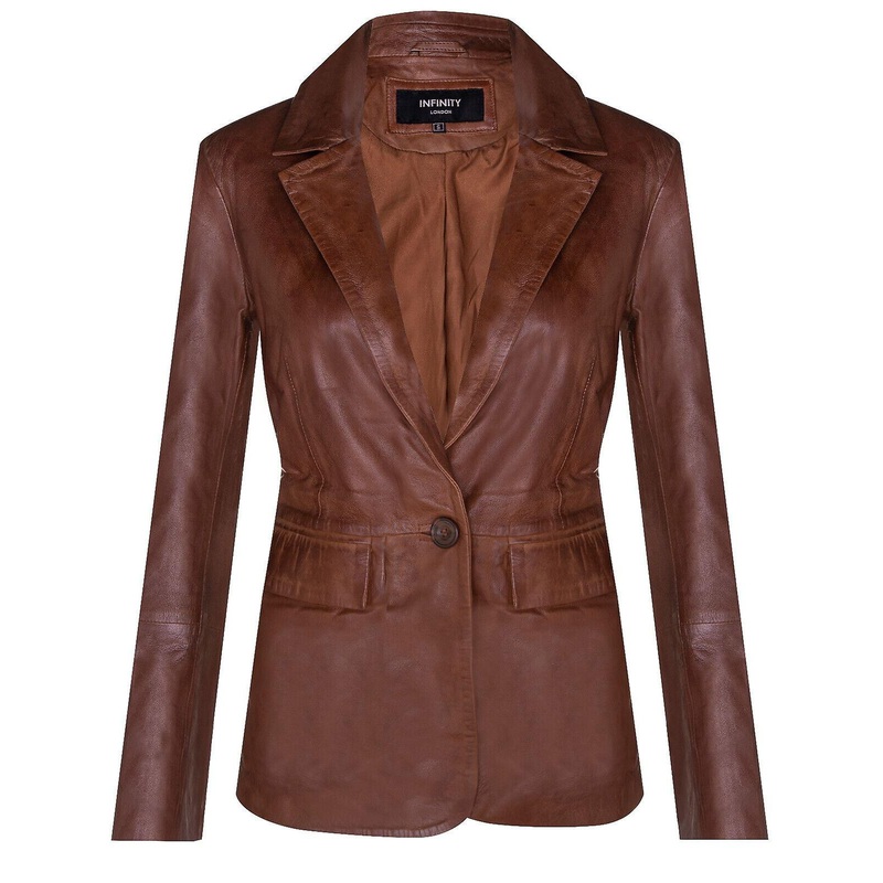 Ladies Tan Leather One Button Blazer Jacket