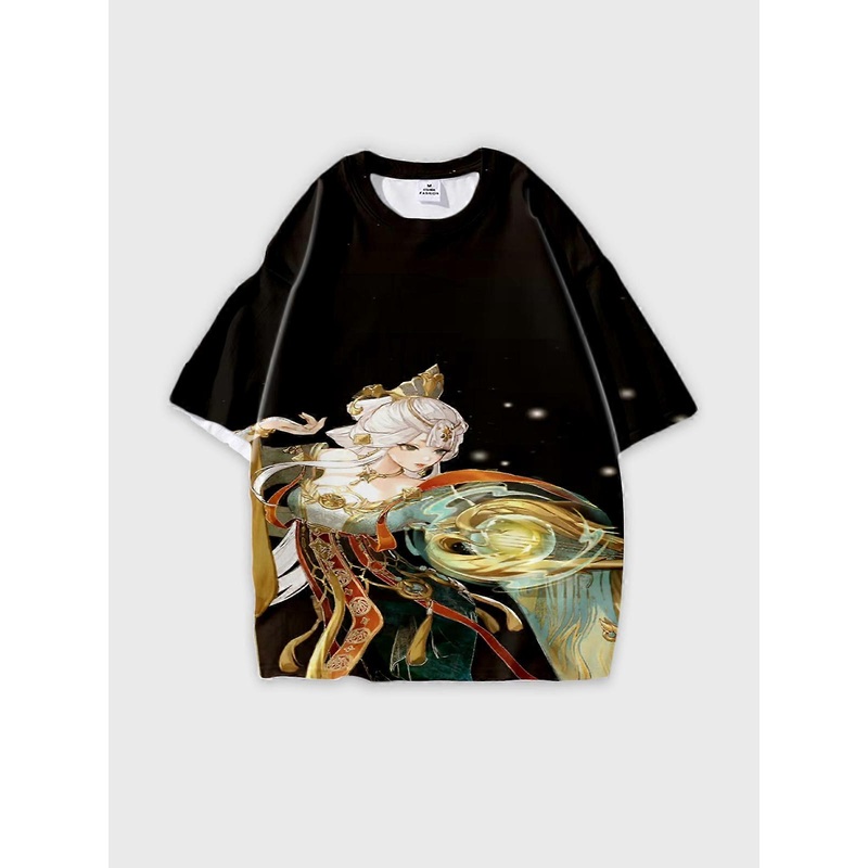T-Shirt Round Neck, Loose Short Sleeve Onmyoji Graphic Tee, Unisex Summer Casual Top V1550