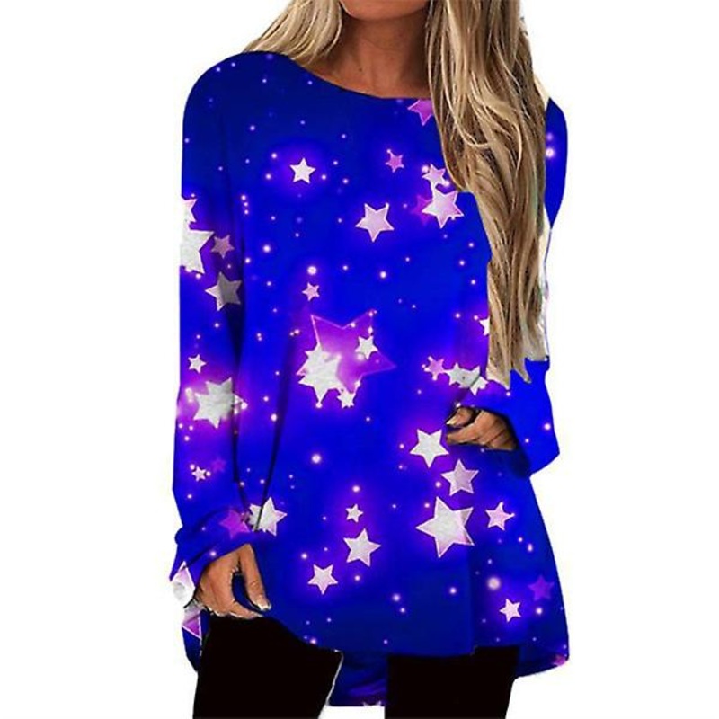 2022 Hot Selling High Quality Women's 3d Printing Romantic Starry Round Neck Long Sleeve Loose Fashion T-shirt
