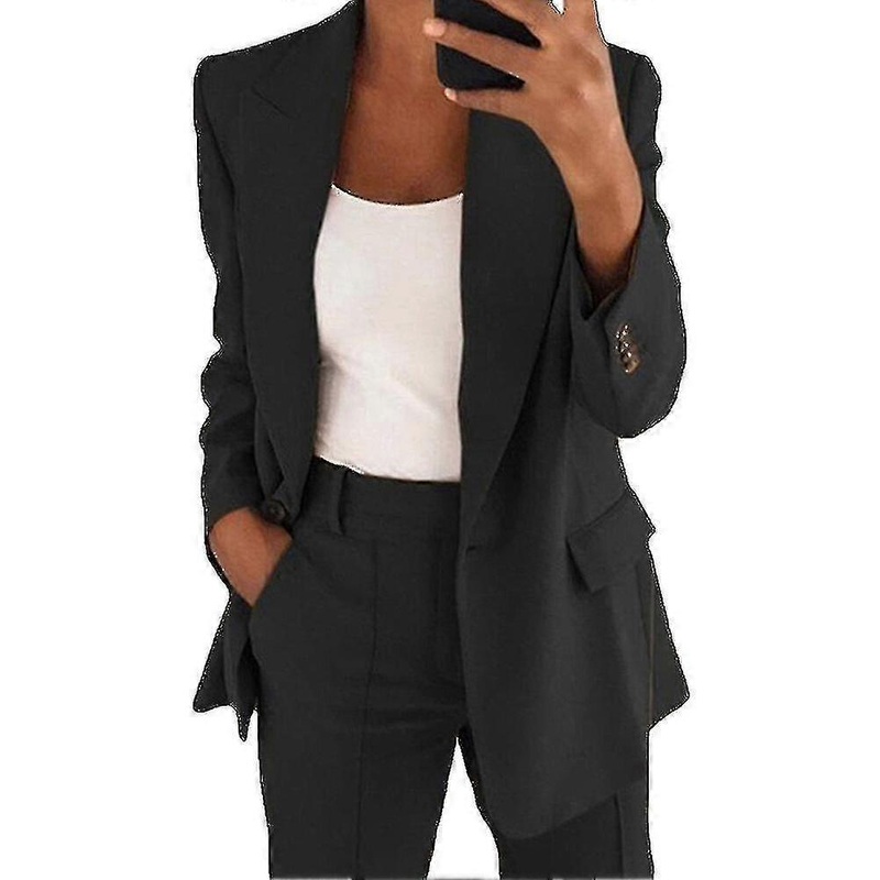 2pcs/set Women's Casual Blazer Long Sleeve Front Opening Work Office Jacket with Pockets